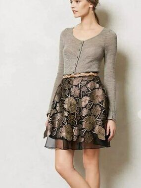 Anthropologie Eva Franco Black Gold Floral Applique Mini Skirt 2P Side Zip Lined